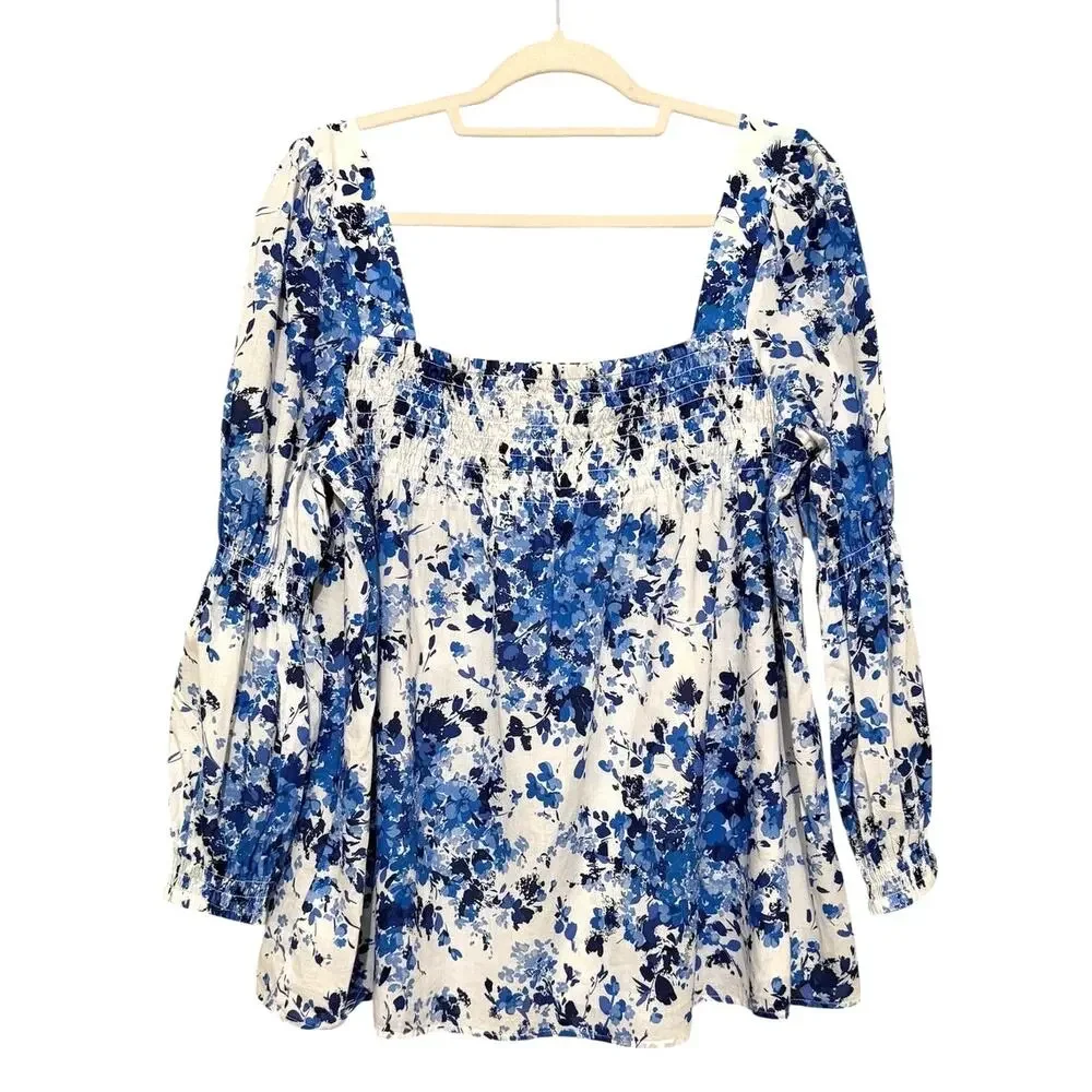 Tuckernuck Blue & White Floral Smocked Square-Neck Blouse